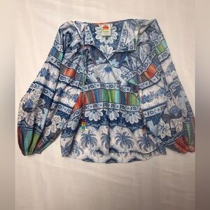 FARM Rio Blue Floral Printed V-Neck Blouse with Multicolor Trim